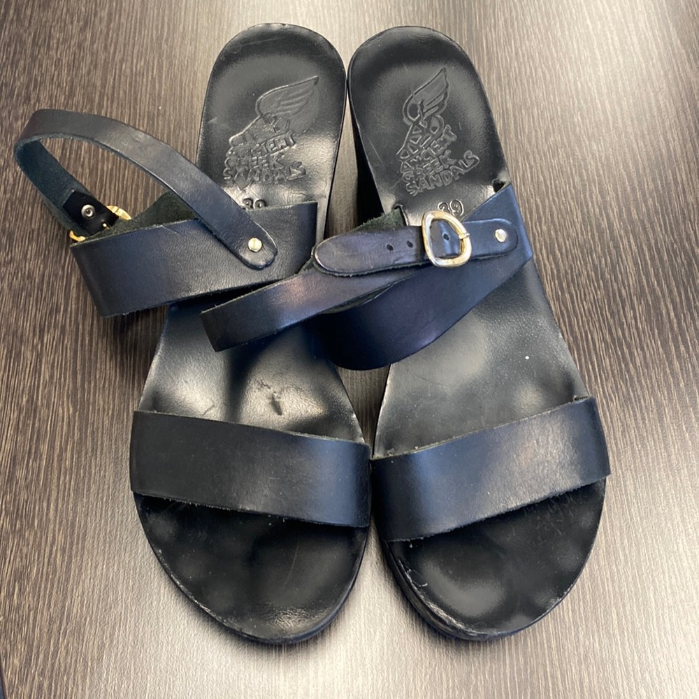Ancient Greek sandals black leather platform stalky sandals